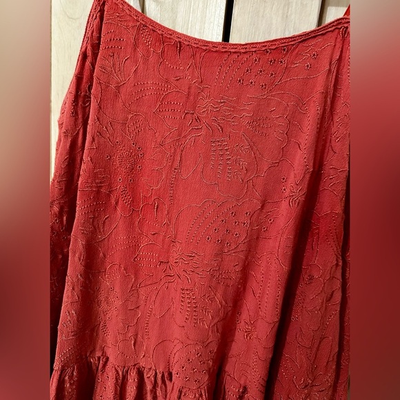Boho Bohemian Embroidered Rust Red Sleeveless Ruffle Cami Mini Dress - Picture 5 of 7